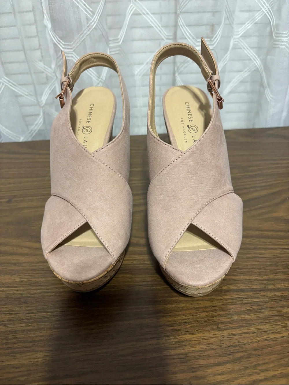 Chinese Laundry 9 Women’s Pink Suede CorkWedge Sandals Slingback 5” wedge